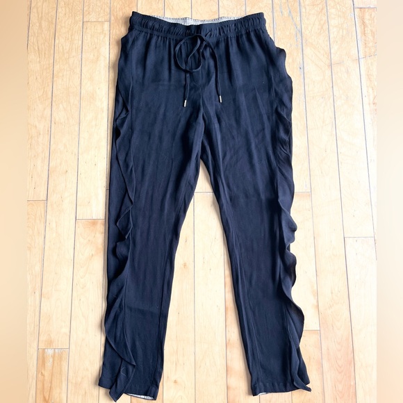 Noa Noa Pants - Noa Noa Relaxed Fit Boho Flowy Ruffle Black Pants with Elastic Waist – Size 40